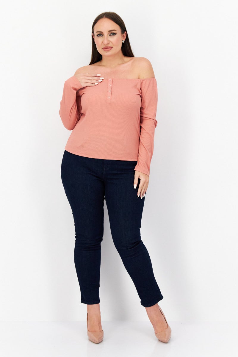 NA-KD بلوزة نسائية بأكتاف مكشوفة وأكمام طويلة مع أزرار، وردي باهت - Image 4